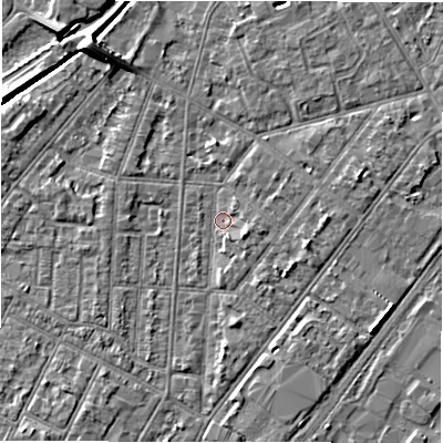 Shaded relief map of the ground around DE142NR, computed from Environment Agency LiDAR. The ground here sits at about 46 m above sea level and falls 7 m across the surrounding 800 m. Surface water reaching this point runs off ground lying to the north-west, 6.2 m higher.