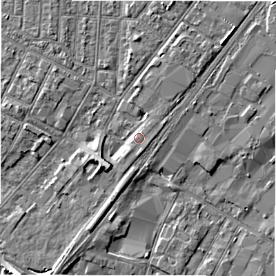 Shaded relief map of the ground around DE142NS, computed from Environment Agency LiDAR. The ground here sits at about 47 m above sea level and falls 7 m across the surrounding 800 m. Surface water reaching this point runs off ground lying to the north-north-east, 1.3 m higher.