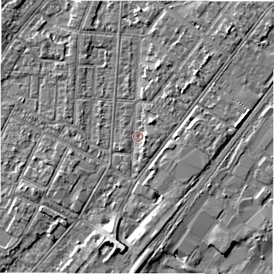 Shaded relief map of the ground around DE142NT, computed from Environment Agency LiDAR. The ground here sits at about 46 m above sea level and falls 6 m across the surrounding 800 m. Surface water reaching this point runs off ground lying to the north-north-east, 1.7 m higher.