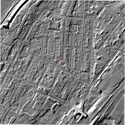 Shaded relief map of the ground around DE142NU, computed from Environment Agency LiDAR. The ground here sits at about 47 m above sea level and falls 7 m across the surrounding 800 m. Surface water reaching this point runs off ground lying to the north, 0.8 m higher.