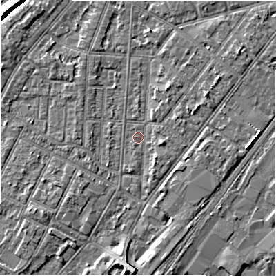 Shaded relief map of the ground around DE142NW, computed from Environment Agency LiDAR. The ground here sits at about 46 m above sea level and falls 5 m across the surrounding 800 m. Surface water reaching this point runs off ground lying to the north-north-east, 1.7 m higher.