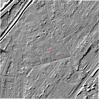Shaded relief map of the ground around DE142NZ, computed from Environment Agency LiDAR. The ground here sits at about 47 m above sea level and falls 6 m across the surrounding 800 m. Surface water reaching this point runs off ground lying to the north-west, 0.6 m higher.