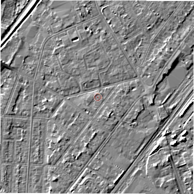 Shaded relief map of the ground around DE142PB, computed from Environment Agency LiDAR. The ground here sits at about 46 m above sea level and falls 6 m across the surrounding 800 m. Surface water reaching this point runs off ground lying to the south-west, 0.6 m higher.