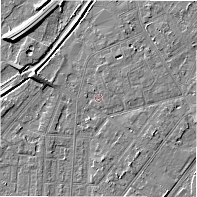 Shaded relief map of the ground around DE142PD, computed from Environment Agency LiDAR. The ground here sits at about 46 m above sea level and falls 9 m across the surrounding 800 m. Surface water reaching this point runs off ground lying to the east-south-east, 2.2 m higher.