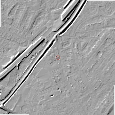 Shaded relief map of the ground around DE142PE, computed from Environment Agency LiDAR. The ground here sits at about 47 m above sea level and falls 9 m across the surrounding 800 m. Surface water reaching this point runs off ground lying to the west-north-west, 1.2 m higher.