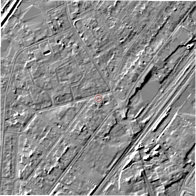 Shaded relief map of the ground around DE142PF, computed from Environment Agency LiDAR. The ground here sits at about 46 m above sea level and falls 6 m across the surrounding 800 m. Surface water reaching this point runs off ground lying to the south-south-west, 1.9 m higher.