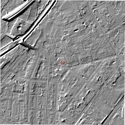 Shaded relief map of the ground around DE142PG, computed from Environment Agency LiDAR. The ground here sits at about 46 m above sea level and falls 9 m across the surrounding 800 m. Surface water reaching this point runs off ground lying to the east-south-east, 2.2 m higher.