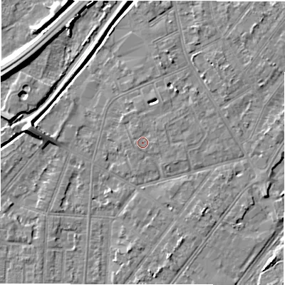 Shaded relief map of the ground around DE142PN, computed from Environment Agency LiDAR. The ground here sits at about 46 m above sea level and falls 9 m across the surrounding 800 m. Surface water reaching this point runs off ground lying to the north-north-west, 0.7 m higher.