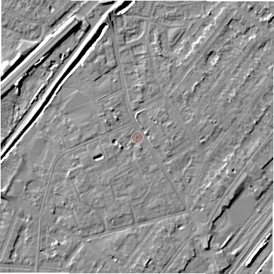 Shaded relief map of the ground around DE142PP, computed from Environment Agency LiDAR. The ground here sits at about 46 m above sea level and falls 8 m across the surrounding 800 m. Surface water reaching this point runs off ground lying to the west-south-west, 2.9 m higher.