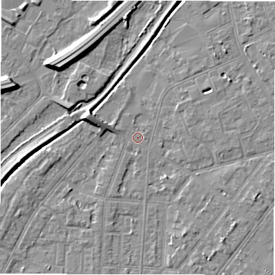 Shaded relief map of the ground around DE142PQ, computed from Environment Agency LiDAR. The ground here sits at about 46 m above sea level and falls 9 m across the surrounding 800 m. Surface water reaching this point runs off ground lying to the west-north-west, 6.0 m higher.
