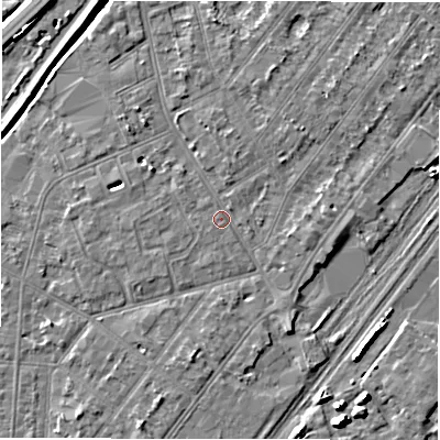 Shaded relief map of the ground around DE142PR, computed from Environment Agency LiDAR. The ground here sits at about 46 m above sea level and falls 6 m across the surrounding 800 m. Surface water reaching this point runs off ground lying to the north-west, 2.9 m higher.
