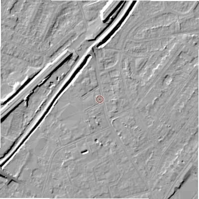 Shaded relief map of the ground around DE142PT, computed from Environment Agency LiDAR. The ground here sits at about 47 m above sea level and falls 9 m across the surrounding 800 m. Surface water reaching this point runs off ground lying to the north-west, 0.6 m higher.