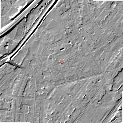 Shaded relief map of the ground around DE142PW, computed from Environment Agency LiDAR. The ground here sits at about 46 m above sea level and falls 9 m across the surrounding 800 m. Surface water reaching this point runs off ground lying to the west, 0.7 m higher.