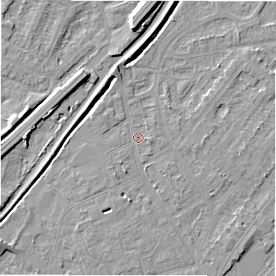 Shaded relief map of the ground around DE142PX, computed from Environment Agency LiDAR. The ground here sits at about 47 m above sea level and falls 9 m across the surrounding 800 m. Surface water reaching this point runs off ground lying to the west-north-west, 0.5 m higher.