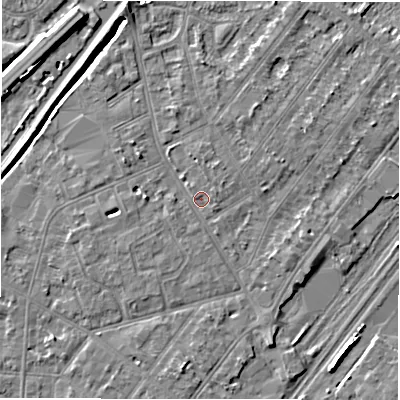 Shaded relief map of the ground around DE142PY, computed from Environment Agency LiDAR. The ground here sits at about 46 m above sea level and falls 8 m across the surrounding 800 m. Surface water reaching this point runs off ground lying to the west, 2.9 m higher.