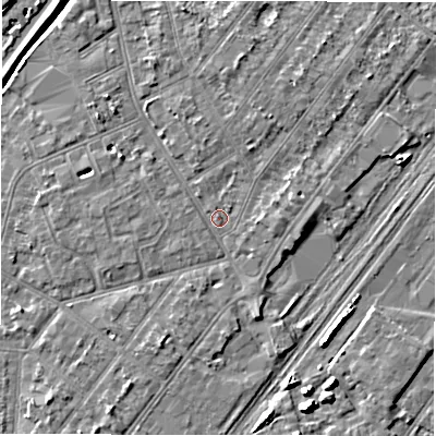 Shaded relief map of the ground around DE142PZ, computed from Environment Agency LiDAR. The ground here sits at about 46 m above sea level and falls 6 m across the surrounding 800 m. Surface water reaching this point runs off ground lying to the west-north-west, 2.9 m higher.