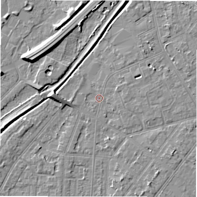 Shaded relief map of the ground around DE142QA, computed from Environment Agency LiDAR. The ground here sits at about 46 m above sea level and falls 9 m across the surrounding 800 m. Surface water reaching this point runs off ground lying to the east, 0.8 m higher.