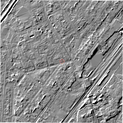 Shaded relief map of the ground around DE142QB, computed from Environment Agency LiDAR. The ground here sits at about 46 m above sea level and falls 6 m across the surrounding 800 m. Surface water reaching this point runs off ground lying to the south-south-west, 2.2 m higher.