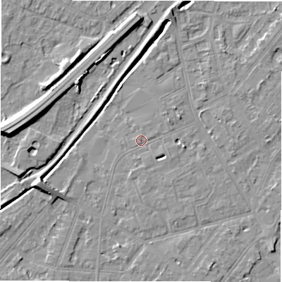 Shaded relief map of the ground around DE142QD, computed from Environment Agency LiDAR. The ground here sits at about 46 m above sea level and falls 9 m across the surrounding 800 m. Surface water reaching this point runs off ground lying to the east-south-east, 0.7 m higher.