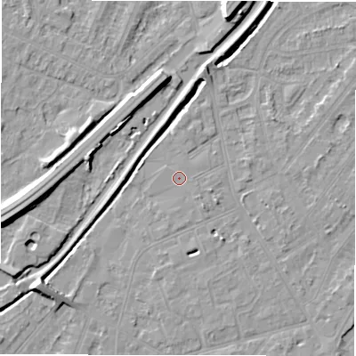 Shaded relief map of the ground around DE142QE, computed from Environment Agency LiDAR. The ground here sits at about 47 m above sea level and falls 9 m across the surrounding 800 m. The ground contributing surface water to this point lies to the north-east.