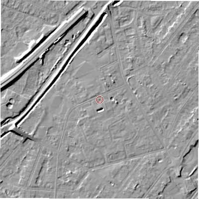 Shaded relief map of the ground around DE142QF, computed from Environment Agency LiDAR. The ground here sits at about 46 m above sea level and falls 9 m across the surrounding 800 m. Surface water reaching this point runs off ground lying to the south-east, 0.7 m higher.
