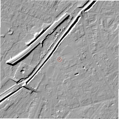 Shaded relief map of the ground around DE142QG, computed from Environment Agency LiDAR. The ground here sits at about 46 m above sea level and falls 9 m across the surrounding 800 m. Surface water reaching this point runs off ground lying to the south-west, 7.7 m higher.
