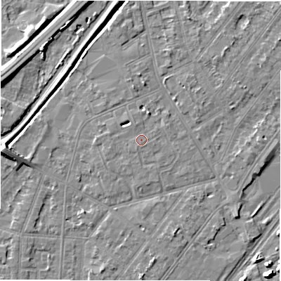 Shaded relief map of the ground around DE142QJ, computed from Environment Agency LiDAR. The ground here sits at about 47 m above sea level and falls 8 m across the surrounding 800 m. Surface water reaching this point runs off ground lying to the north-north-west, 2.2 m higher.