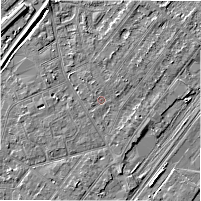 Shaded relief map of the ground around DE142QL, computed from Environment Agency LiDAR. The ground here sits at about 47 m above sea level and falls 8 m across the surrounding 800 m. Surface water reaching this point runs off ground lying to the north, 0.6 m higher.