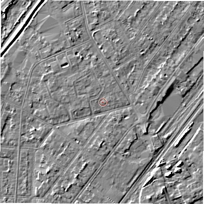 Shaded relief map of the ground around DE142QN, computed from Environment Agency LiDAR. The ground here sits at about 46 m above sea level and falls 6 m across the surrounding 800 m. Surface water reaching this point runs off ground lying to the south-south-west, 2.2 m higher.