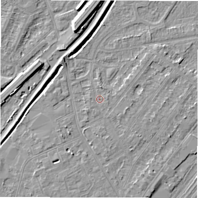 Shaded relief map of the ground around DE142QP, computed from Environment Agency LiDAR. The ground here sits at about 47 m above sea level and falls 9 m across the surrounding 800 m. Surface water reaching this point runs off ground lying to the east-south-east, 1.2 m higher.
