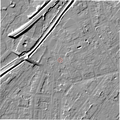 Shaded relief map of the ground around DE142QQ, computed from Environment Agency LiDAR. The ground here sits at about 46 m above sea level and falls 9 m across the surrounding 800 m. Surface water reaching this point runs off ground lying to the east, 0.8 m higher.