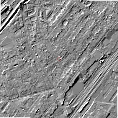 Shaded relief map of the ground around DE142QR, computed from Environment Agency LiDAR. The ground here sits at about 46 m above sea level and falls 8 m across the surrounding 800 m. Surface water reaching this point runs off ground lying to the north-north-east, 1.0 m higher.