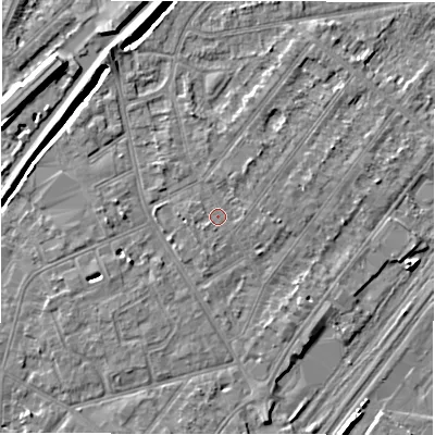 Shaded relief map of the ground around DE142QW, computed from Environment Agency LiDAR. The ground here sits at about 47 m above sea level and falls 8 m across the surrounding 800 m. Surface water reaching this point runs off ground lying to the north-north-east, 1.0 m higher.