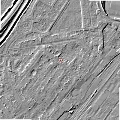 Shaded relief map of the ground around DE142QY, computed from Environment Agency LiDAR. The ground here sits at about 46 m above sea level and falls 8 m across the surrounding 800 m. Surface water reaching this point runs off ground lying to the west-north-west, 1.8 m higher.