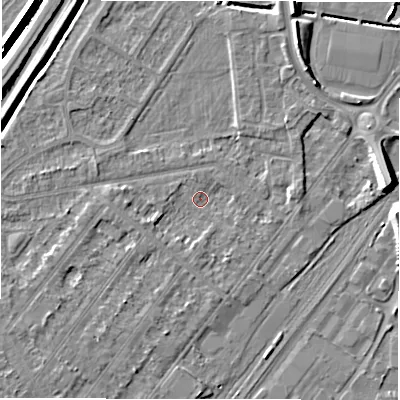 Shaded relief map of the ground around DE142QZ, computed from Environment Agency LiDAR. The ground here sits at about 45 m above sea level and falls 8 m across the surrounding 800 m. Surface water reaching this point runs off ground lying to the south-west, 2.8 m higher.