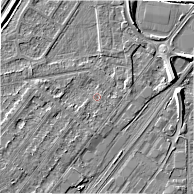 Shaded relief map of the ground around DE142RA, computed from Environment Agency LiDAR. The ground here sits at about 45 m above sea level and falls 9 m across the surrounding 800 m. Surface water reaching this point runs off ground lying to the south, 1.2 m higher.