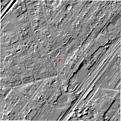 Shaded relief map of the ground around DE142RB, computed from Environment Agency LiDAR. The ground here sits at about 46 m above sea level and falls 6 m across the surrounding 800 m. Surface water reaching this point runs off ground lying to the north, 0.8 m higher.