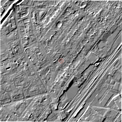 Shaded relief map of the ground around DE142RD, computed from Environment Agency LiDAR. The ground here sits at about 46 m above sea level and falls 5 m across the surrounding 800 m. Surface water reaching this point runs off ground lying to the north-north-east, 1.6 m higher.