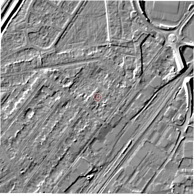 Shaded relief map of the ground around DE142RF, computed from Environment Agency LiDAR. The ground here sits at about 46 m above sea level and falls 8 m across the surrounding 800 m. Surface water reaching this point runs off ground lying to the south-west, 1.2 m higher.