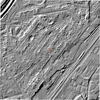 Shaded relief map of the ground around DE142RG, computed from Environment Agency LiDAR. The ground here sits at about 47 m above sea level and falls 9 m across the surrounding 800 m. Surface water reaching this point runs off ground lying to the east-north-east, 0.6 m higher.