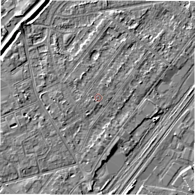 Shaded relief map of the ground around DE142RH, computed from Environment Agency LiDAR. The ground here sits at about 47 m above sea level and falls 5 m across the surrounding 800 m. Surface water reaching this point runs off ground lying to the south-west, 0.8 m higher.