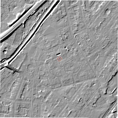 Shaded relief map of the ground around DE142RJ, computed from Environment Agency LiDAR. The ground here sits at about 47 m above sea level and falls 8 m across the surrounding 800 m. Surface water reaching this point runs off ground lying to the north-north-east, 2.2 m higher.