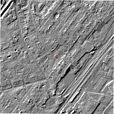 Shaded relief map of the ground around DE142RQ, computed from Environment Agency LiDAR. The ground here sits at about 46 m above sea level and falls 8 m across the surrounding 800 m. Surface water reaching this point runs off ground lying to the south-south-east, 1.4 m higher.