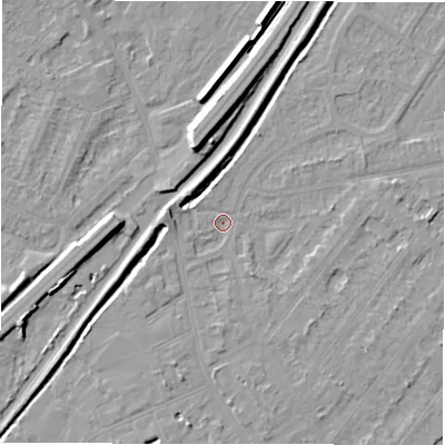 Shaded relief map of the ground around DE142RS, computed from Environment Agency LiDAR. The ground here sits at about 46 m above sea level and falls 9 m across the surrounding 800 m. Surface water reaching this point runs off ground lying to the west, 2.5 m higher.