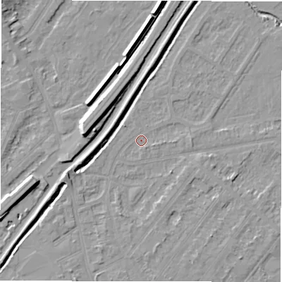 Shaded relief map of the ground around DE142RT, computed from Environment Agency LiDAR. The ground here sits at about 46 m above sea level and falls 9 m across the surrounding 800 m. Surface water reaching this point runs off ground lying to the north-west, 1.6 m higher.