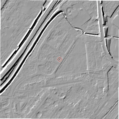 Shaded relief map of the ground around DE142RU, computed from Environment Agency LiDAR. The ground here sits at about 45 m above sea level and falls 10 m across the surrounding 800 m. Surface water reaching this point runs off ground lying to the south-west, 3.2 m higher.