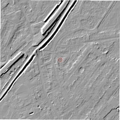 Shaded relief map of the ground around DE142RX, computed from Environment Agency LiDAR. The ground here sits at about 46 m above sea level and falls 9 m across the surrounding 800 m. Surface water reaching this point runs off ground lying to the south, 1.7 m higher.