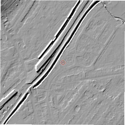 Shaded relief map of the ground around DE142RY, computed from Environment Agency LiDAR. The ground here sits at about 46 m above sea level and falls 12 m across the surrounding 800 m. Surface water reaching this point runs off ground lying to the south-west, 1.6 m higher.