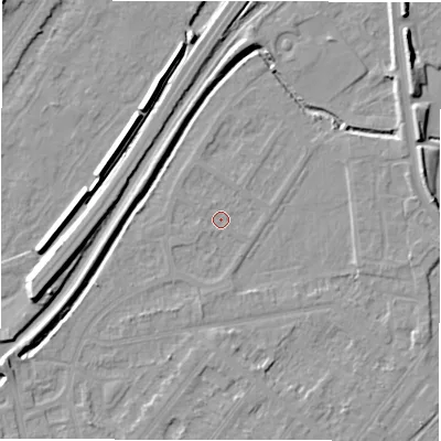 Shaded relief map of the ground around DE142RZ, computed from Environment Agency LiDAR. The ground here sits at about 45 m above sea level and falls 10 m across the surrounding 800 m. Surface water reaching this point runs off ground lying to the south-south-west, 1.5 m higher.