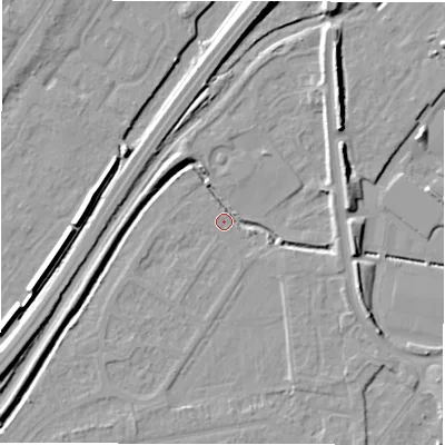 Shaded relief map of the ground around DE142SA, computed from Environment Agency LiDAR. The ground here sits at about 45 m above sea level and falls 9 m across the surrounding 800 m. Surface water reaching this point runs off ground lying to the north-east, 5.6 m higher.